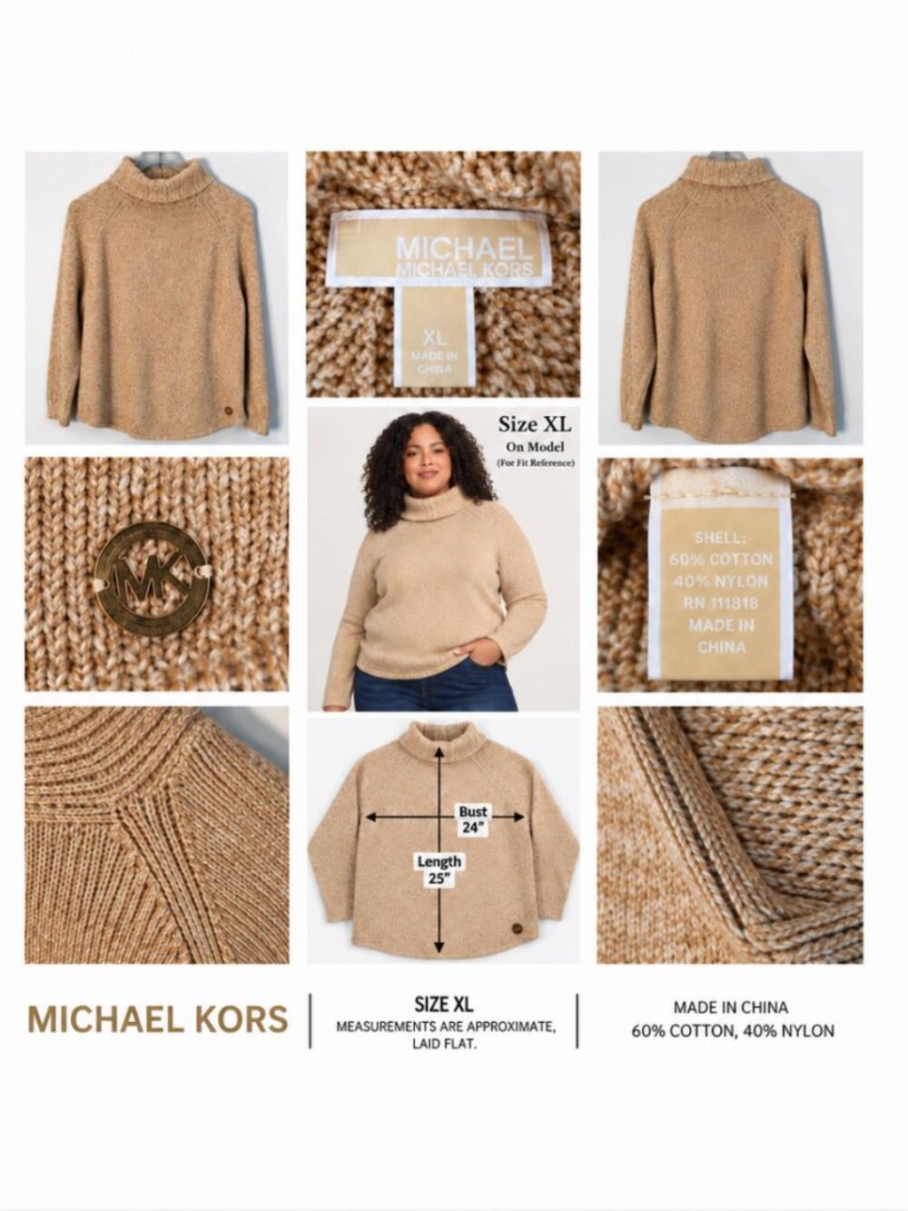 Michael Kors Heathered Tan Turtleneck Sweater Size XL Cozy